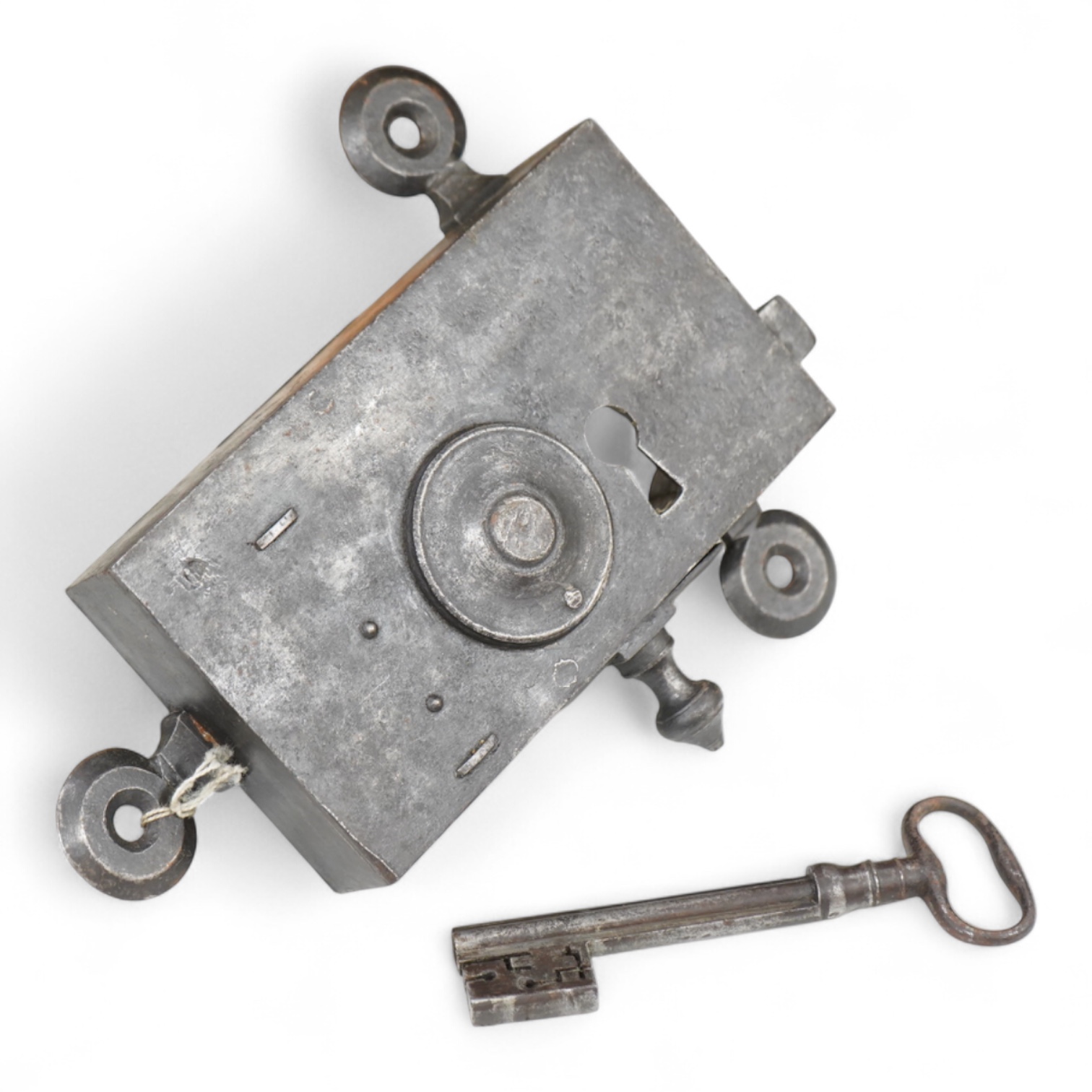 A 17th century steel door lock and key, lock 24cm wide.